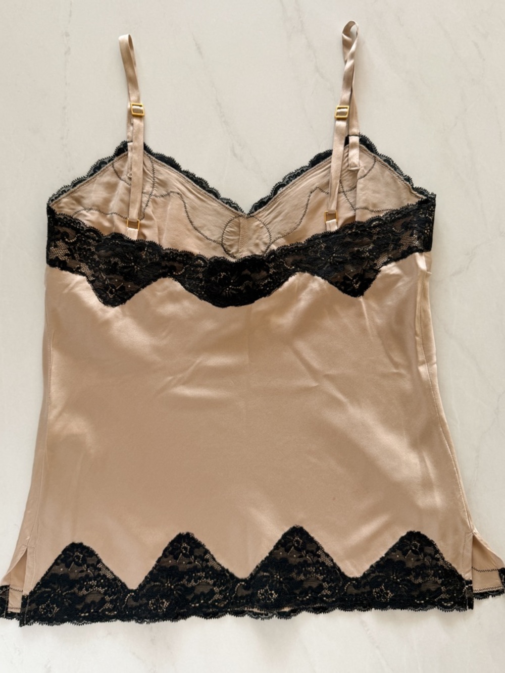 Express Design Studio Silk Camisole Top S Champagne Beige Black Lace Trim Y2K - Picture 5 of 11
